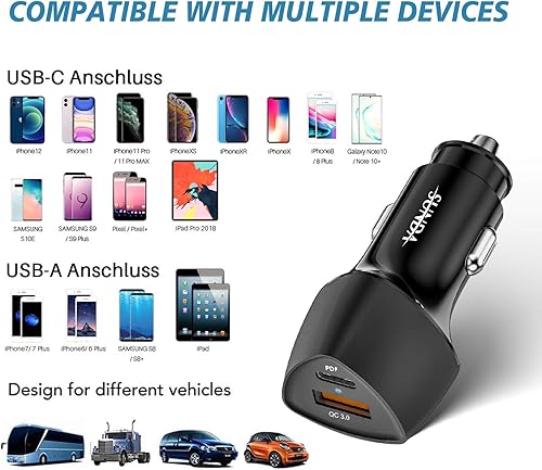 Miniatura 6 de SUNDA Cargador rápido USB C de 51 W, puertos duales PD 30W y QC 3.0, cargadores de automóvil para teléfonos inteligentes Apple y cargador de coche
