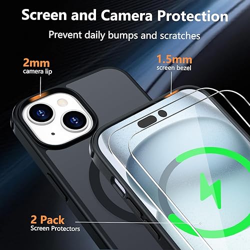 Miniatura 5 de Funda magnética para iPhone 15 compatible con MagSafe con 2 protectores de pantalla, de grado militar, delgada, a prueba de golpes, translúcida,