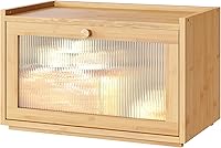 Vista 9 de Panera grande para encimera de cocina, contenedor de almacenamiento de pan de bambú negro con puerta transparente de arcílica ondulada, caja de pan
