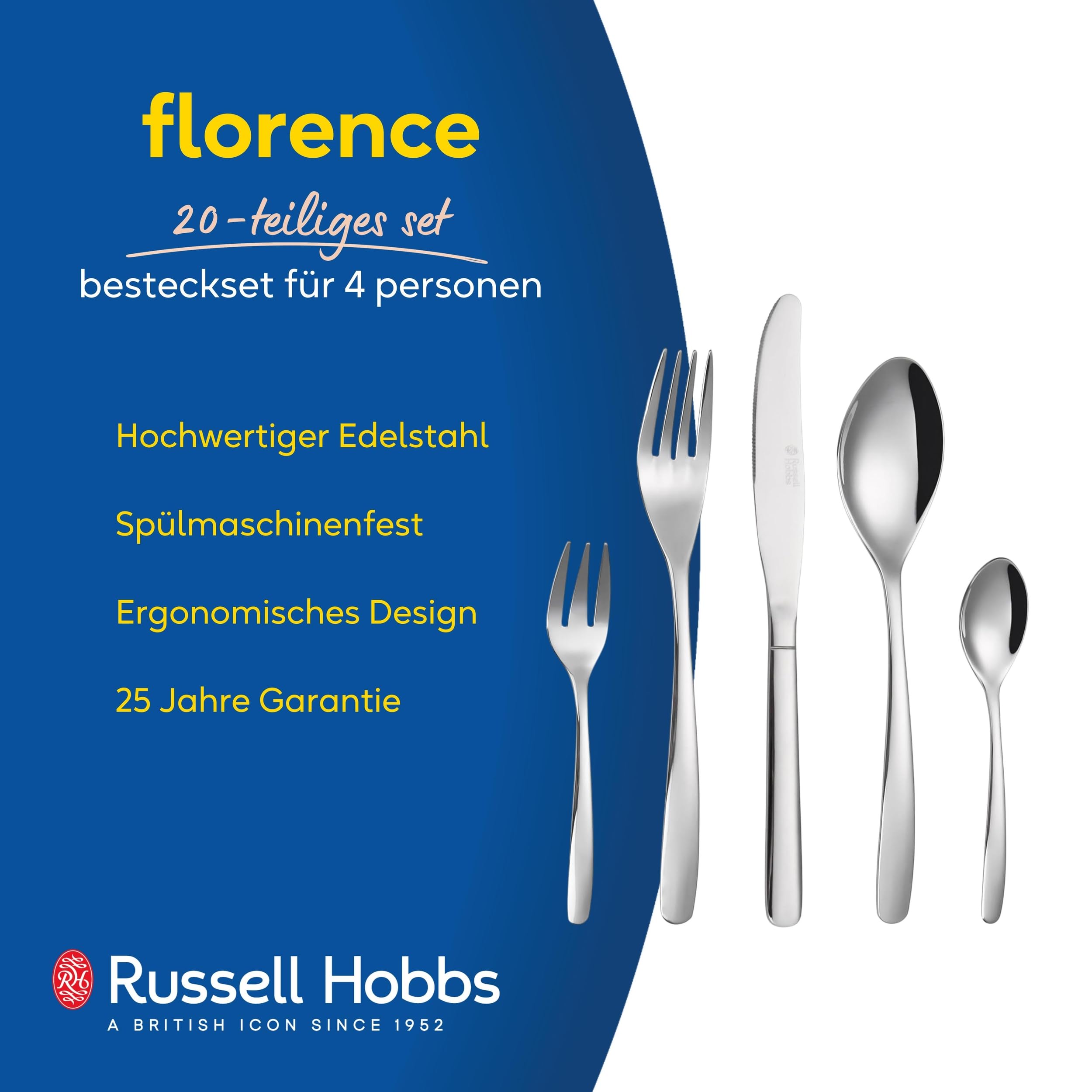Russell Hobbs Florence Besteckset 20-teilig für 4 Personen – Tafelbesteck aus rostfreiem Edelstahl 18/0, spülmaschinenfest, Messer, Gabeln, Kuchengabeln, Esslöffel, Teelöffel