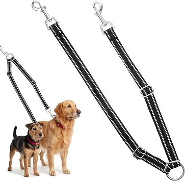 Yuanchu Double Dog Leash for 2 Dogs, No Pull Dog Leash Anti-Entanglement 360 Swivel, Adjustable Length Reflective Cord for Small Dogs Walking and Training, Black