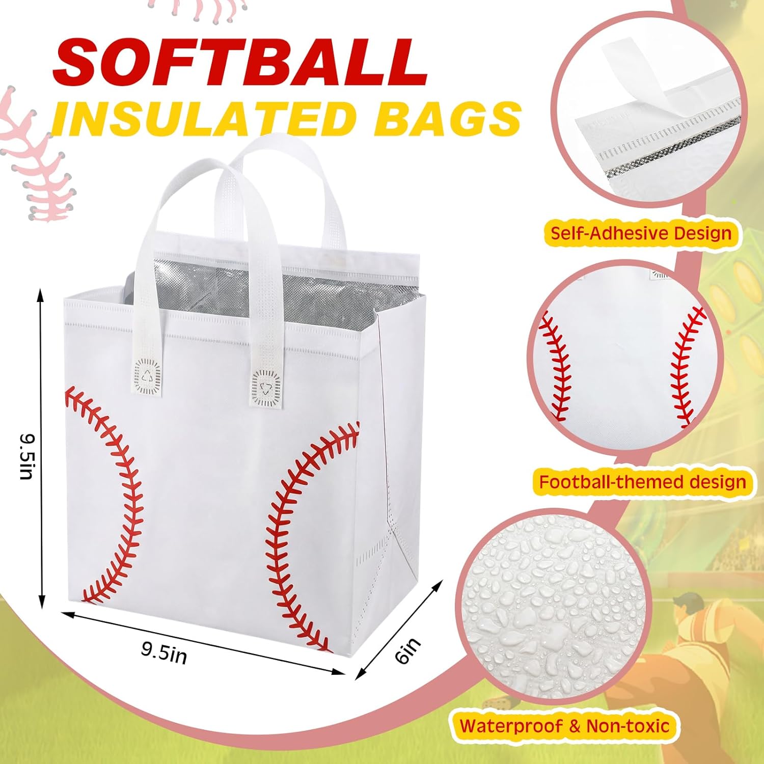 Kacctyen 50 Pcs Baseball Insulated Bags for Food Delivery, Thermal Grocery Take Away Bags for Pizza, Cookie, Cold and Hot Food, Insulated Tote for Baseball Senior Night, Sport Party, 9.5 x 9.5 x 6 in