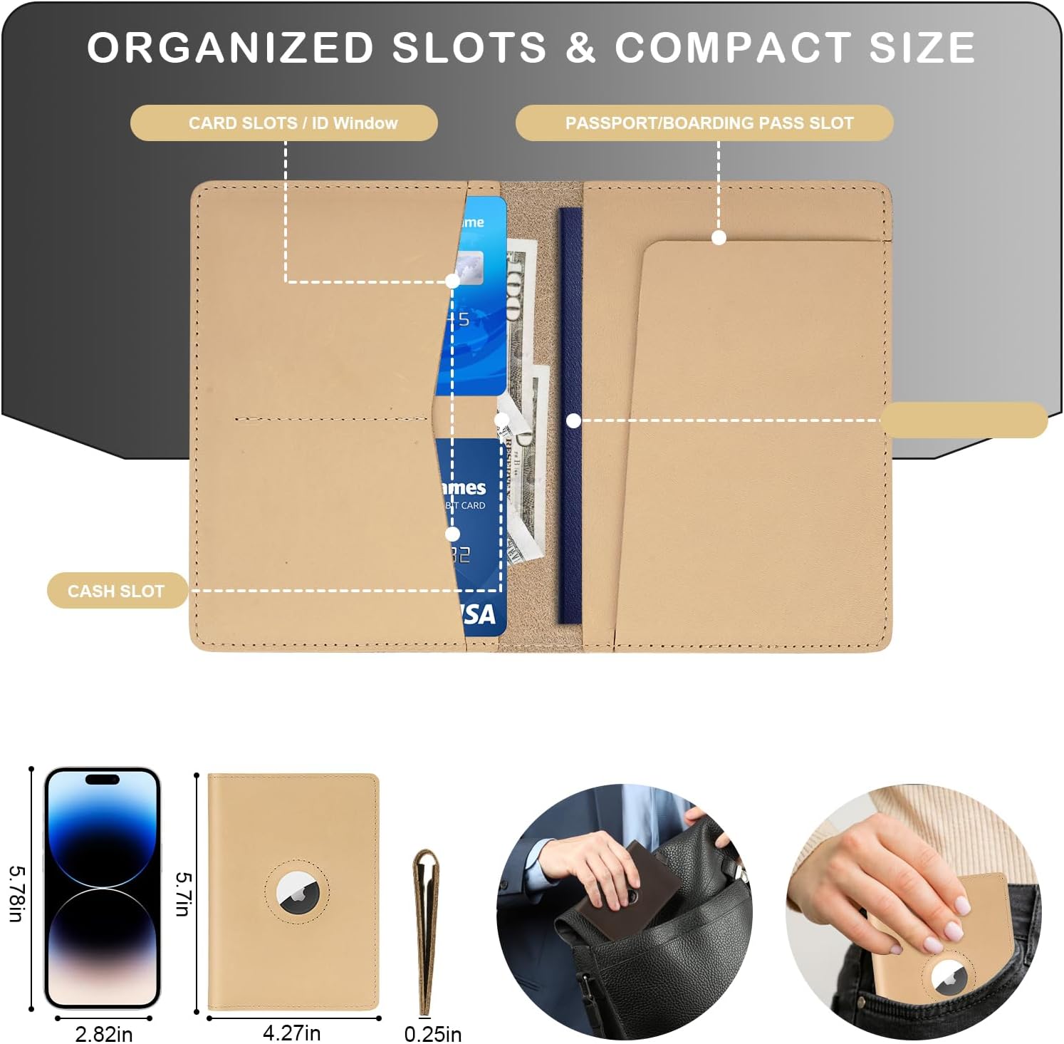 Airtag Passport Holder for Men and Women Travel, Real Leather Passport Wallet, Handmade Passport Cover Case with Airtag Slot, Travel Must Haves Essentials Accessories Birthday Gifts(Crazy Horse,Beige) - Image 5