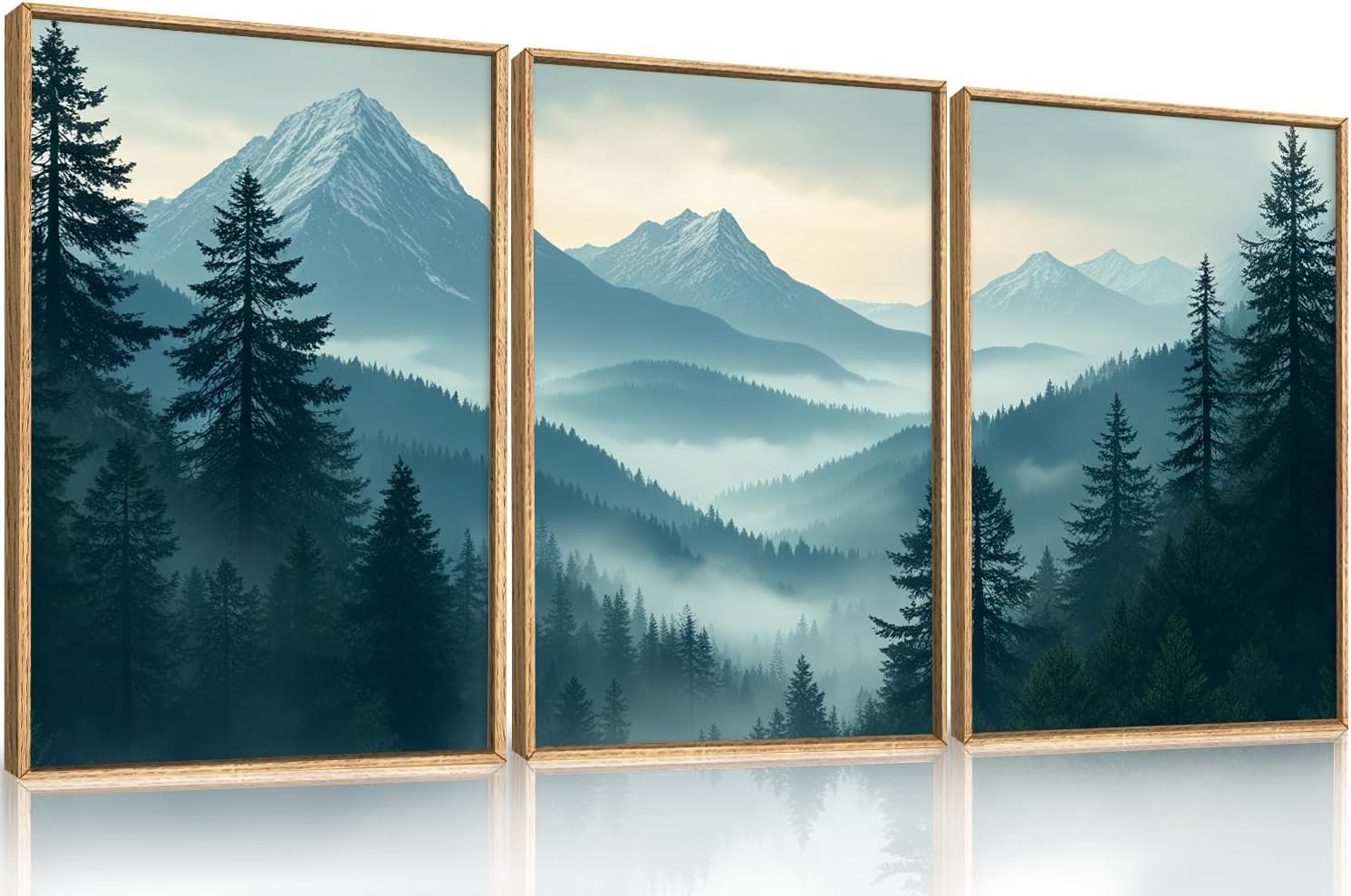lianyibo Duży obraz na płótnie "Mglisty las górski", naturalna dekoracja ścienna z sosnami, obraz "Mglisty, śnieżny las" do salonu (20 x 30 cm x 3/rama wewnętrzna)