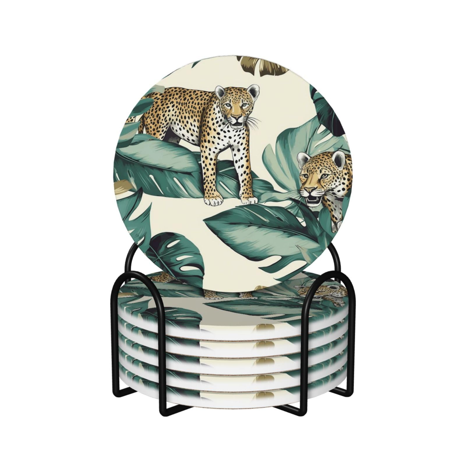 6Pcs Ceramics Coaster for Drinks, Leopard and Palm Leaves Cup Coasters with Holder, Aesthetic Drink Coasters for Coffee Table, Absorbent Round Coaster for Tabletop Protection 4" Cup Mat Pad