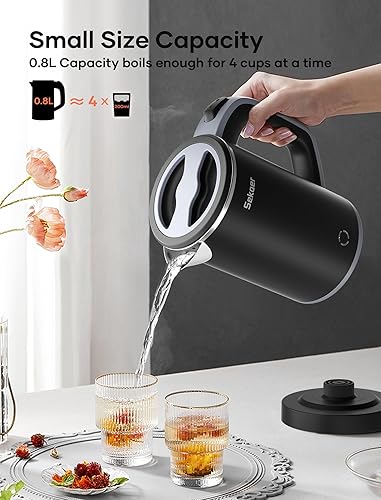 Miniatura 5 de Sekaer Pequeña tetera eléctrica de acero inoxidable de 0.8 L, portátil, para viaje, hervidor de agua caliente, mini tetera eléctrica con apagado