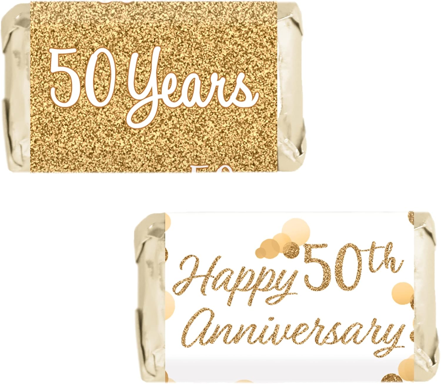Gold 50th Anniversary Mini Candy Bar Wrappers, 42 Count, 2 Designs