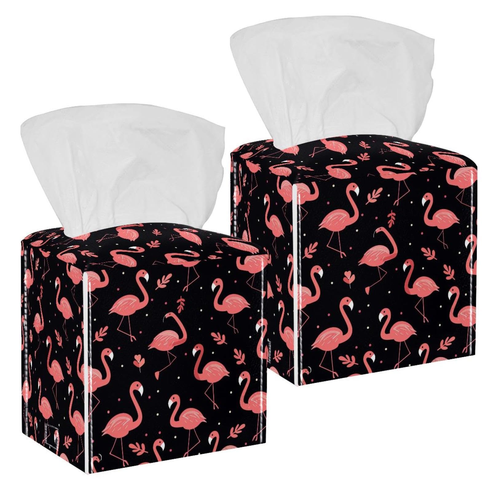 Flamingo Tissue Box Cover, 2 Pack PU Leather Square Facial Tissue Dispenser Box holder for Home Office Car