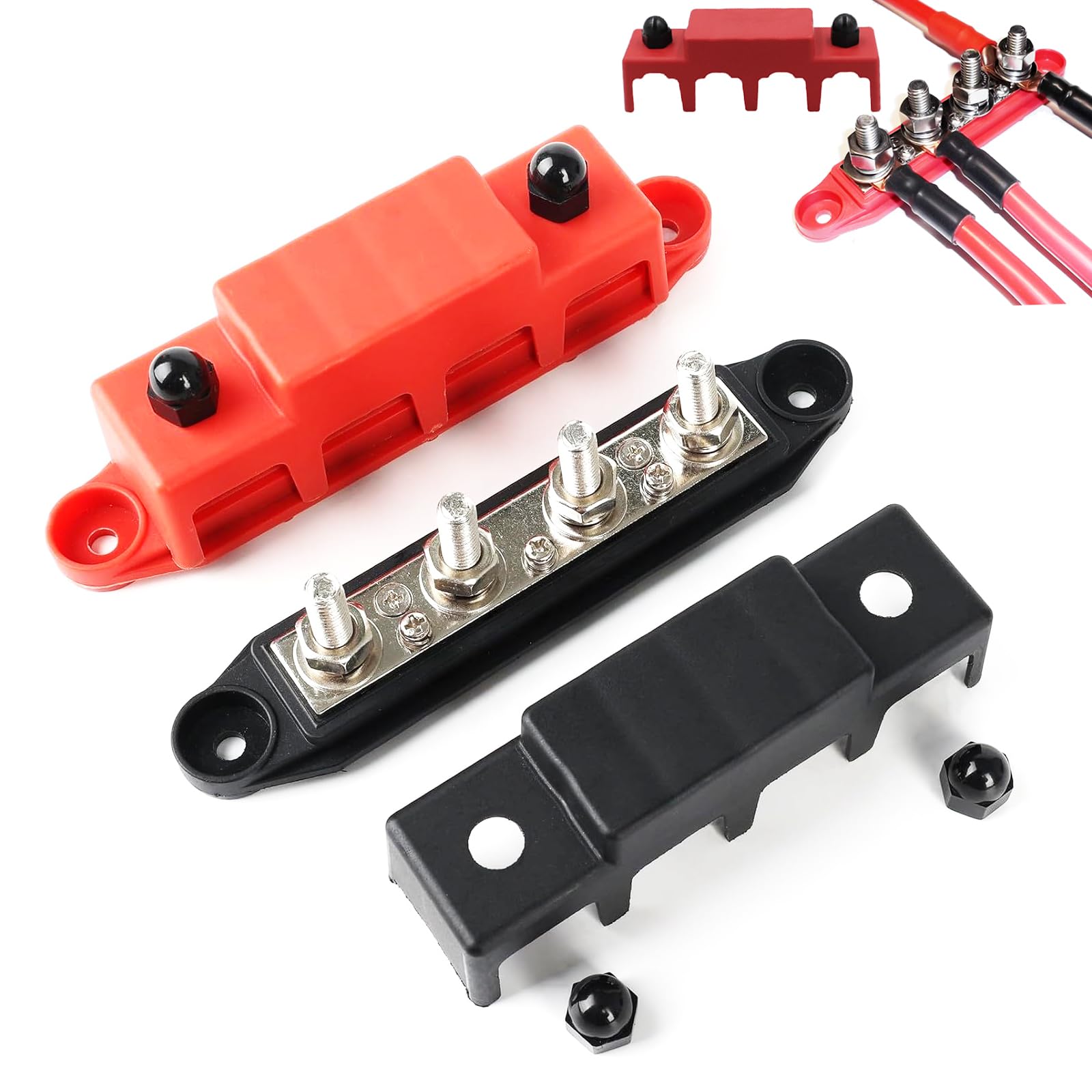 Morsetto 250A, 2 binari bus, binario di distribuzione con 4 x m8 collegamenti bulloni, 5/16 pollici 250 blocco di collegamento batteria con coperchio, adatto per auto, camper, navi e yacht