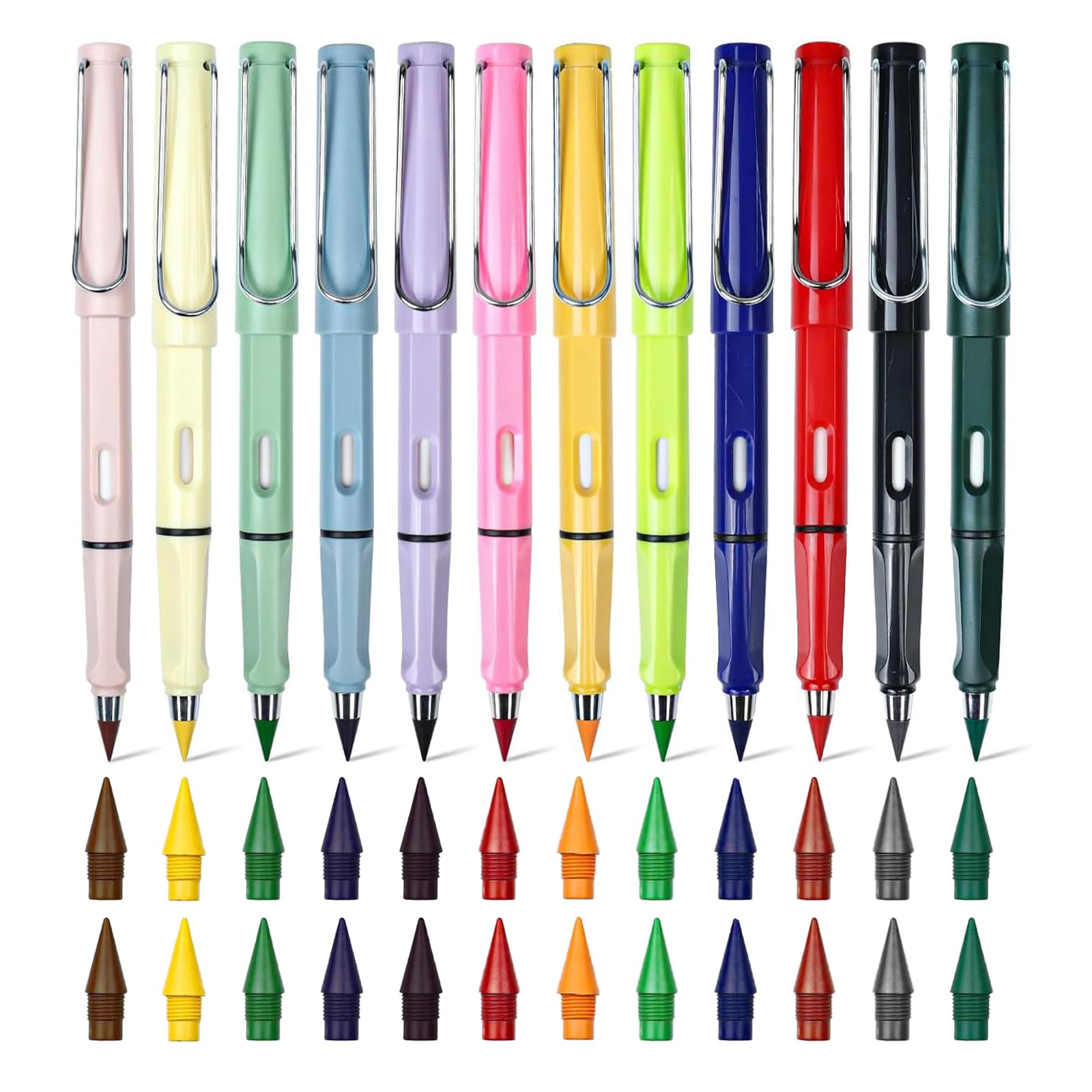 Juego de 12 lápices de colores eternos con goma de borrar con 24 cabezales intercambiables sin tinta, juego de lápices mágicos duraderos, juego de lápices mágicos Infinity Magic Pencil para escribir,
