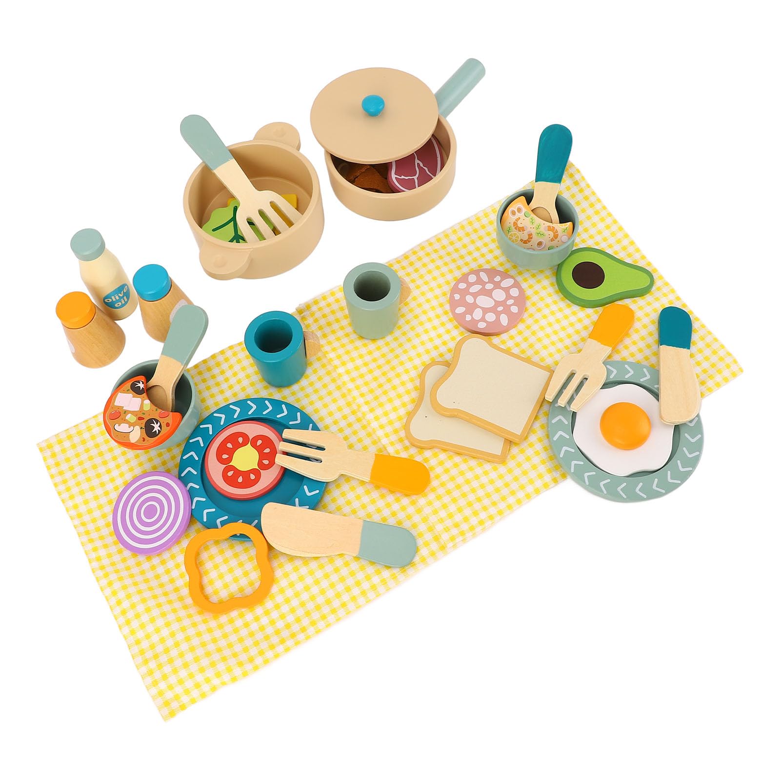 OEBUAFI Imaginative Wooden Kitchen Utensils Toys, Comprehensive Design Role Playing Utensils Set for Kids 40 Pcs