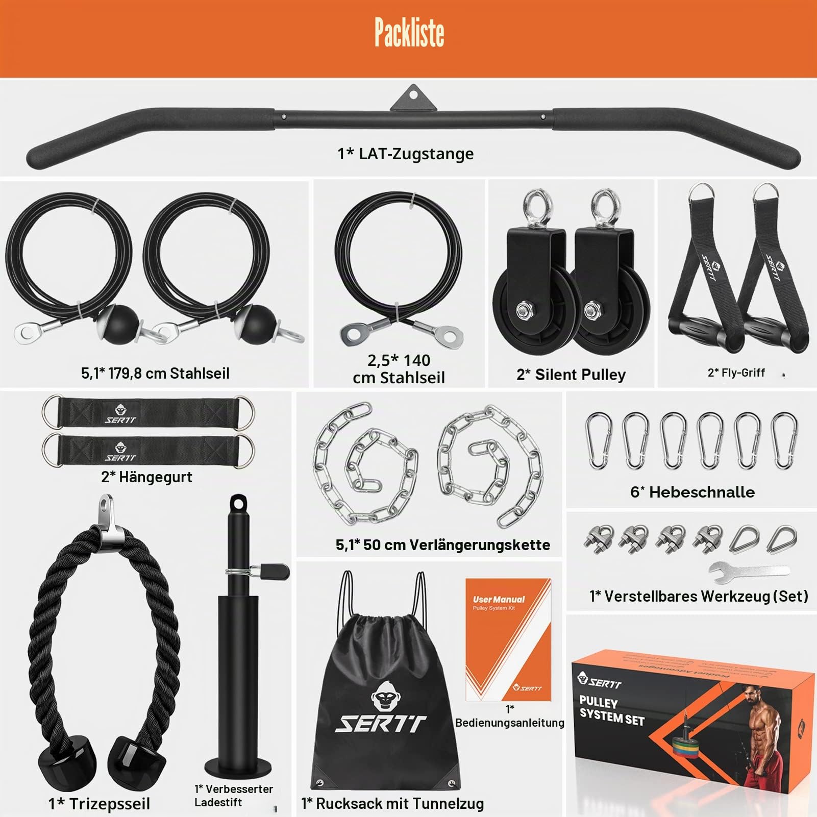 SERTT Seilzug Fitness Premium System Gym, Verbesserte Gewicht kabelzug Trainings geräte für Gym LAT Pull Down, Bizeps Curl, Trizeps, Armtraining, Kabel Maschine System Zusatzgeräte