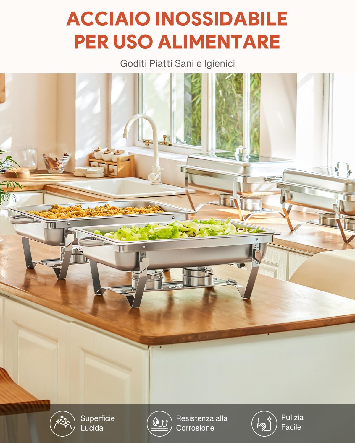 Wilprep 9L Chafing Dish Buffet Scaldavivande in Acciaio Inox con Contenitore e Vassoio di Riscaldamento, Pentole per Servire Buffet, Catering e Feste (Set da 4 Pezzi)