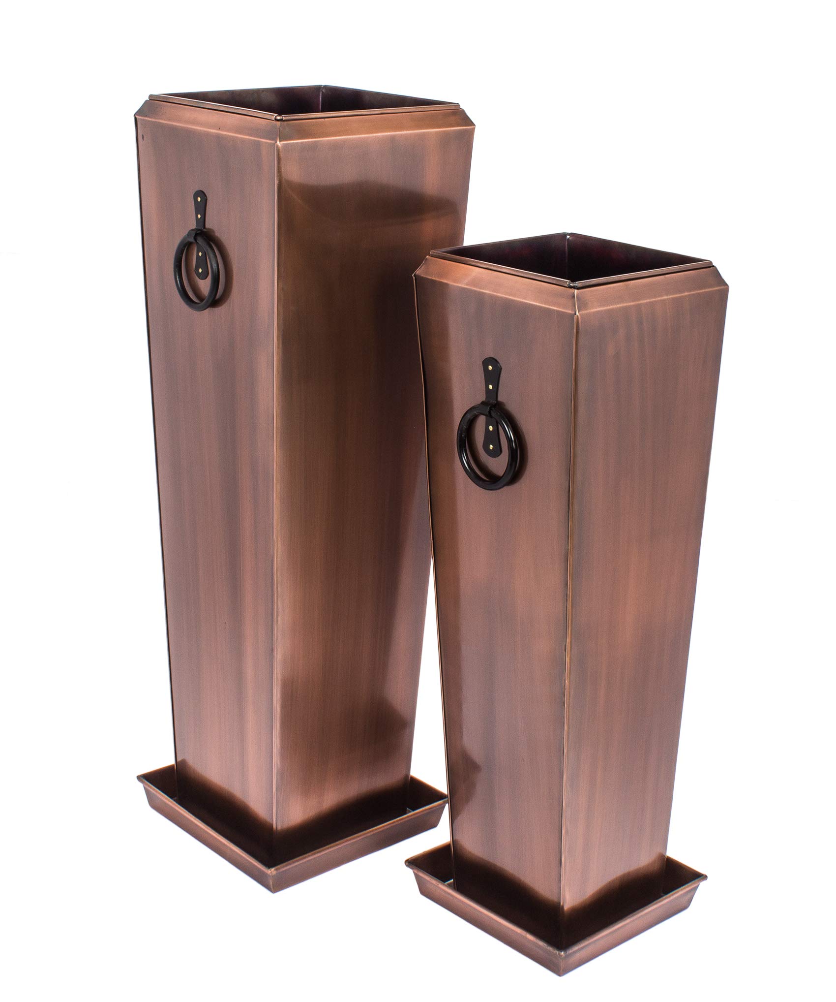 Patio Deck Indoor Outdoor Garden Flower Planter Set of 2 Antique Copper with Tray