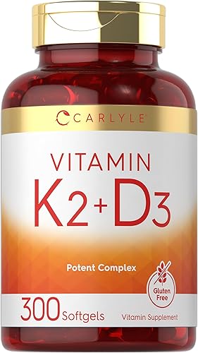 Carlyle Suplemento de vitamina K2 y D3  300 cápsulas blandas  200 mcg K2 MK7 y 250mcg D3  Sin OMG, sin gluten