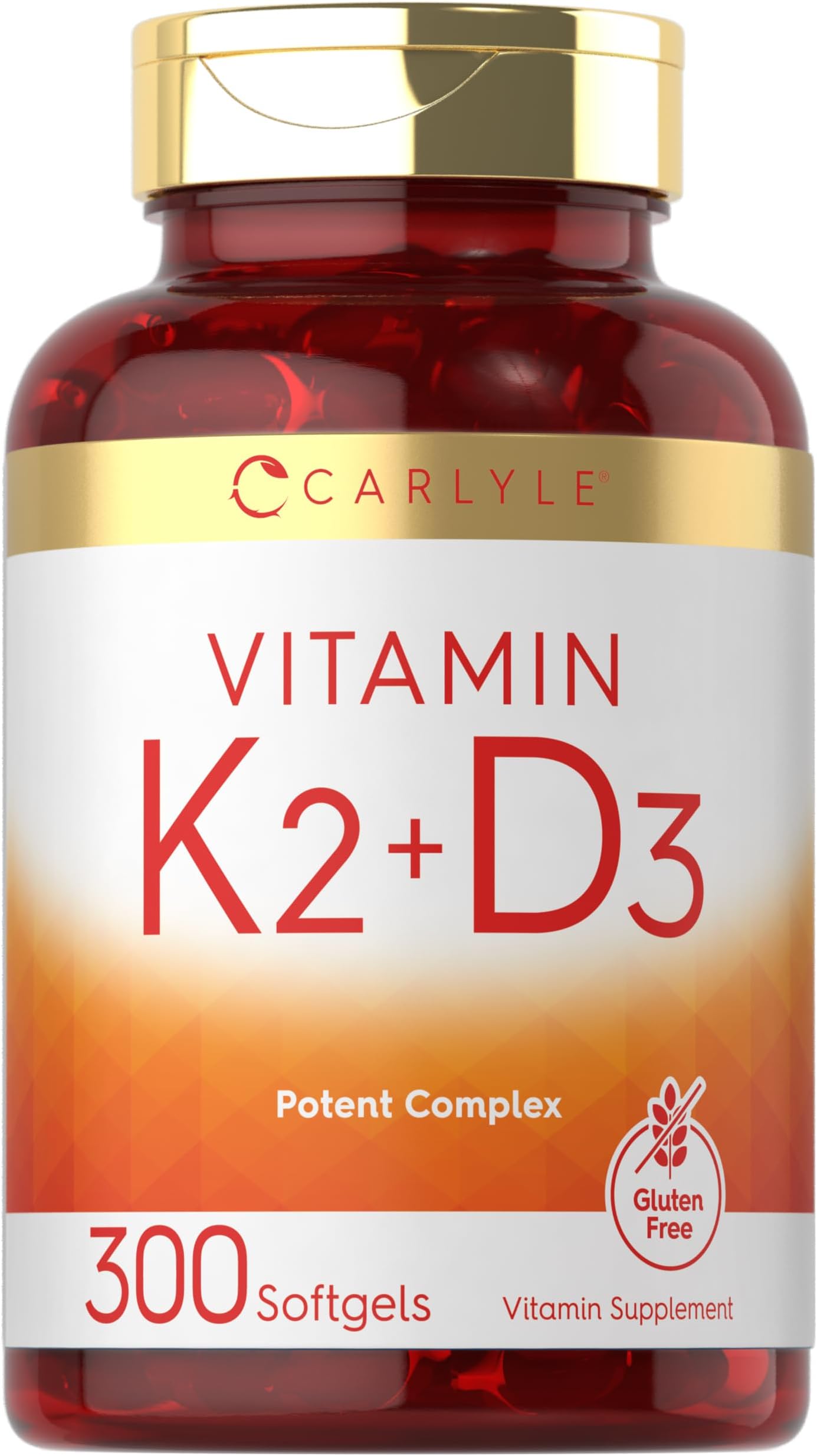 Carlyle Vitamin K2 D3 Supplement | 300 Softgels | 200mcg K2 MK7 & 10,000 IU D3 | Non-GMO, Gluten Free