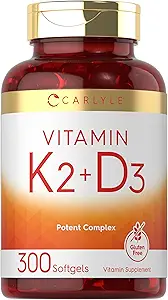 Carlyle Vitamin K2 and D3 Supplement | 300 Softgels | 200mcg K2 MK7 & 10,000 IU D3 | Non-GMO, Gluten Free