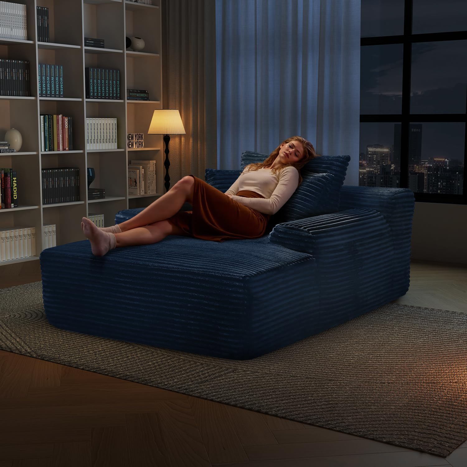 65'' Chaise Lounge Chair Indoor, Plush Corduroy Longue Chair Sleeper Sofa, Boneless Oversized Sofa Bed for Bedroom Living Room, Comfy Fluffy Reading Recliner Cloud Couch No Assembly