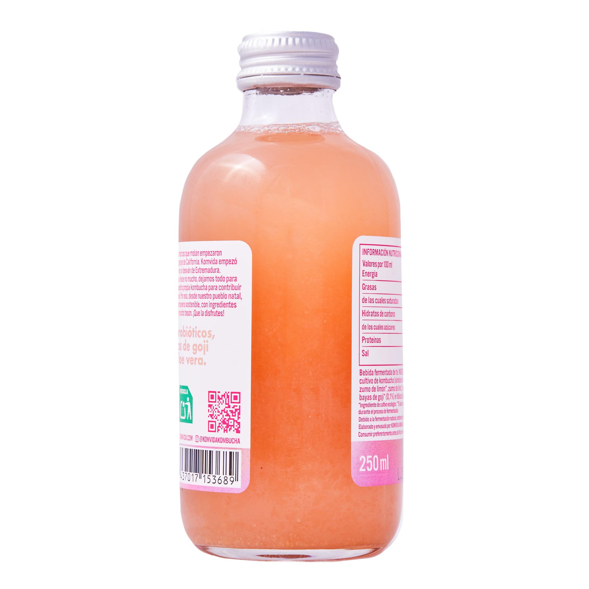 Kombucha Komvida Superglow- Bebida Ecológica de Té fermentado con aloe vera, Sabor Fresa y Lima, Probióticos Naturales, Baja en calorías, 250ml