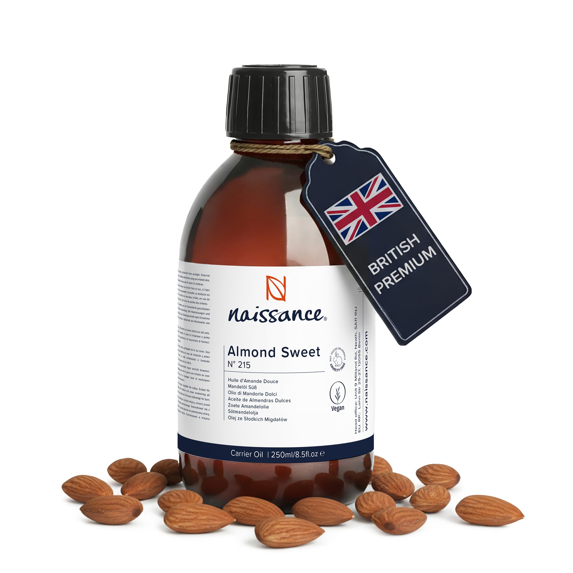 Sweet Almond Oil (no. 215) 250ml – for Skin, Hair, Massage, Nails, Cuticles, Ears, Face, Body - Natural Skin Care, Carrier Oil for Aromatherapy