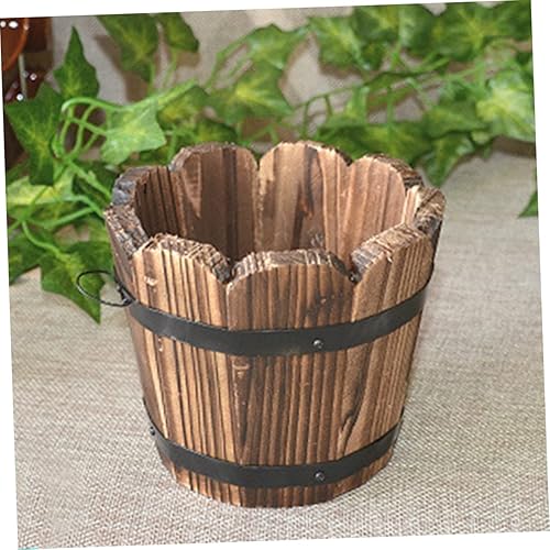 Miniatura 9 de Yardwe Maceta de madera retro de barril pequeño para decoración al aire libre, maceta de interior, suculentas, flores, decoración de escritorio al