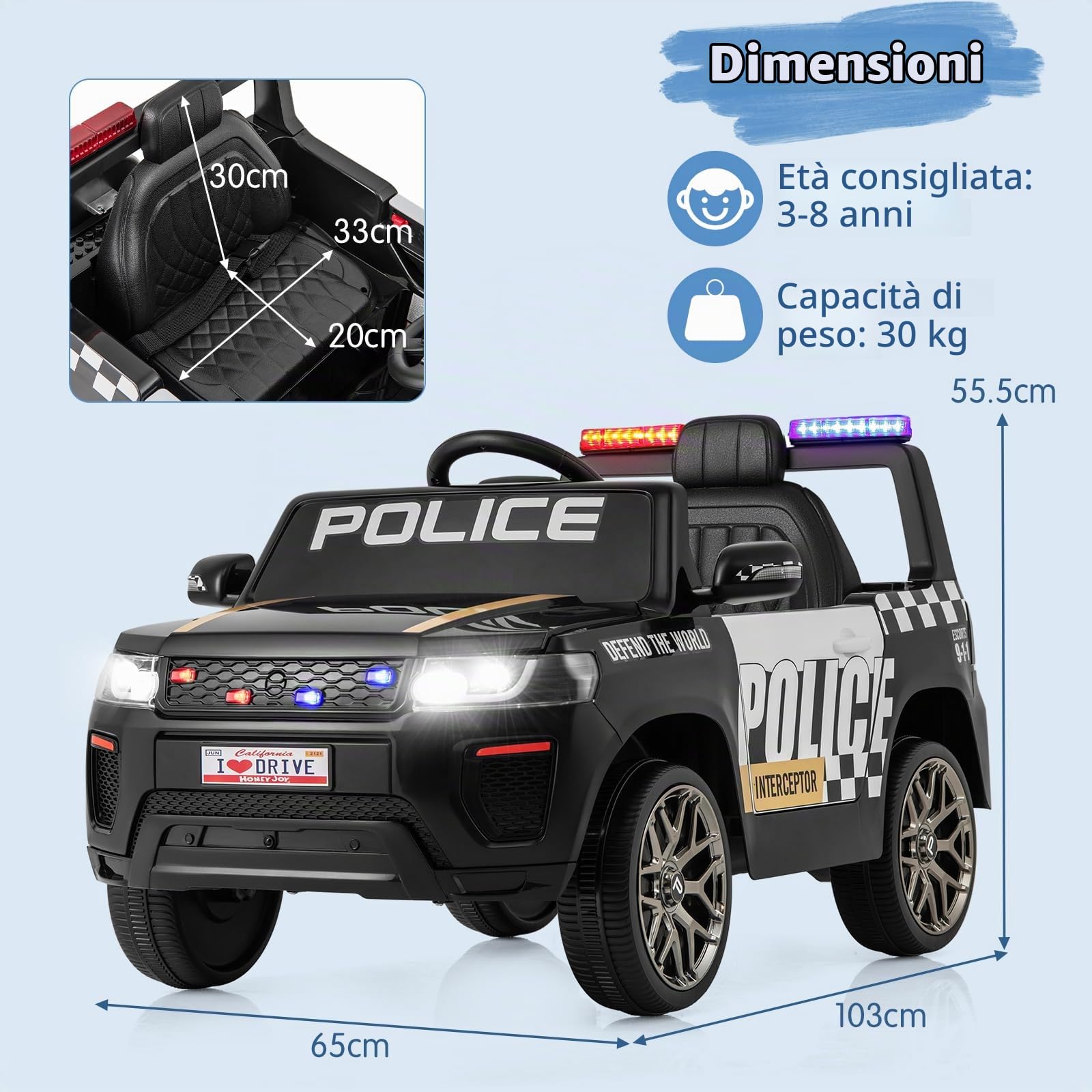SOARS Macchina Elettrica della Polizia per Bambini 12V (Nero)