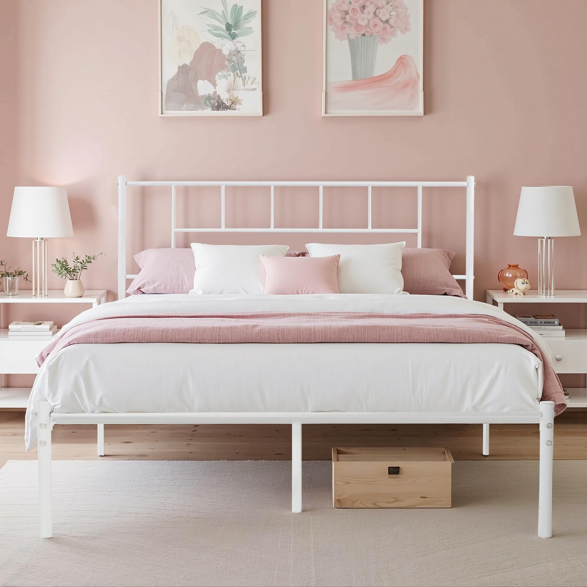 VECELO Full Metal Platform Bed Frame with Headboard, Heavy Duty Steel Slat Support, Under Bed Storage,No Box Spring Needed, Easy Assembly