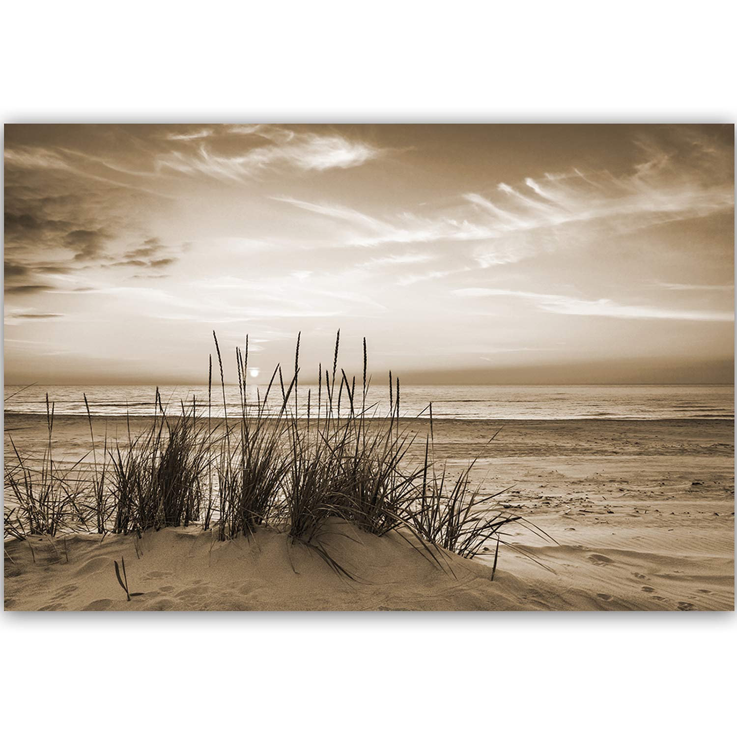 Feeby Bilder Strand Meer Sonnenuntergang XXL 100x70 cm 1 Teilig Modern Wohnzimmer Schlafzimmer Wandbilder Leinwandbilder Bild auf Leinwand Kunstdruck Wanddeko Design Natur Landschaft Grass Braun
