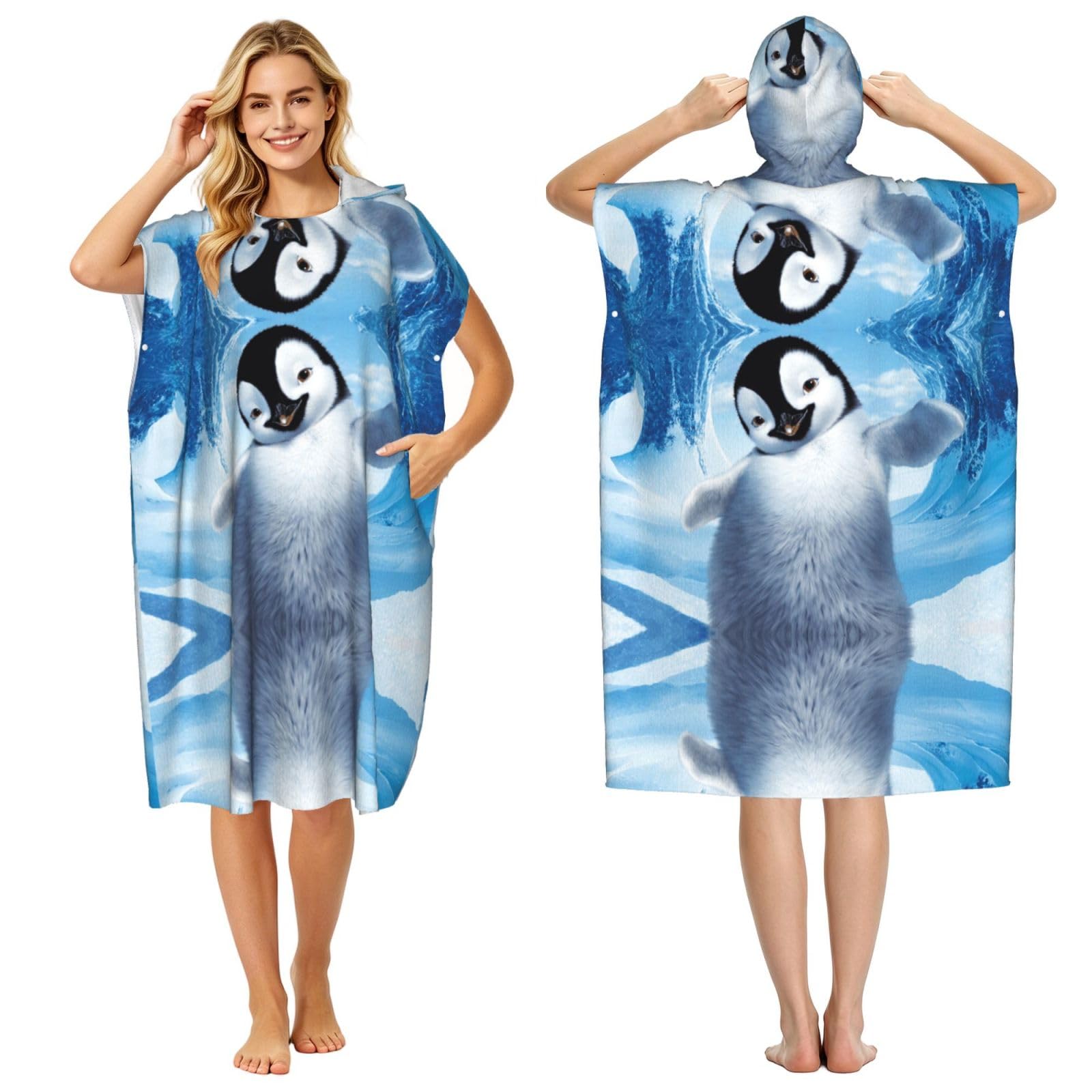 Poncho de change en microfibre imprimé pingouin pour adultes surf et natation d'été
