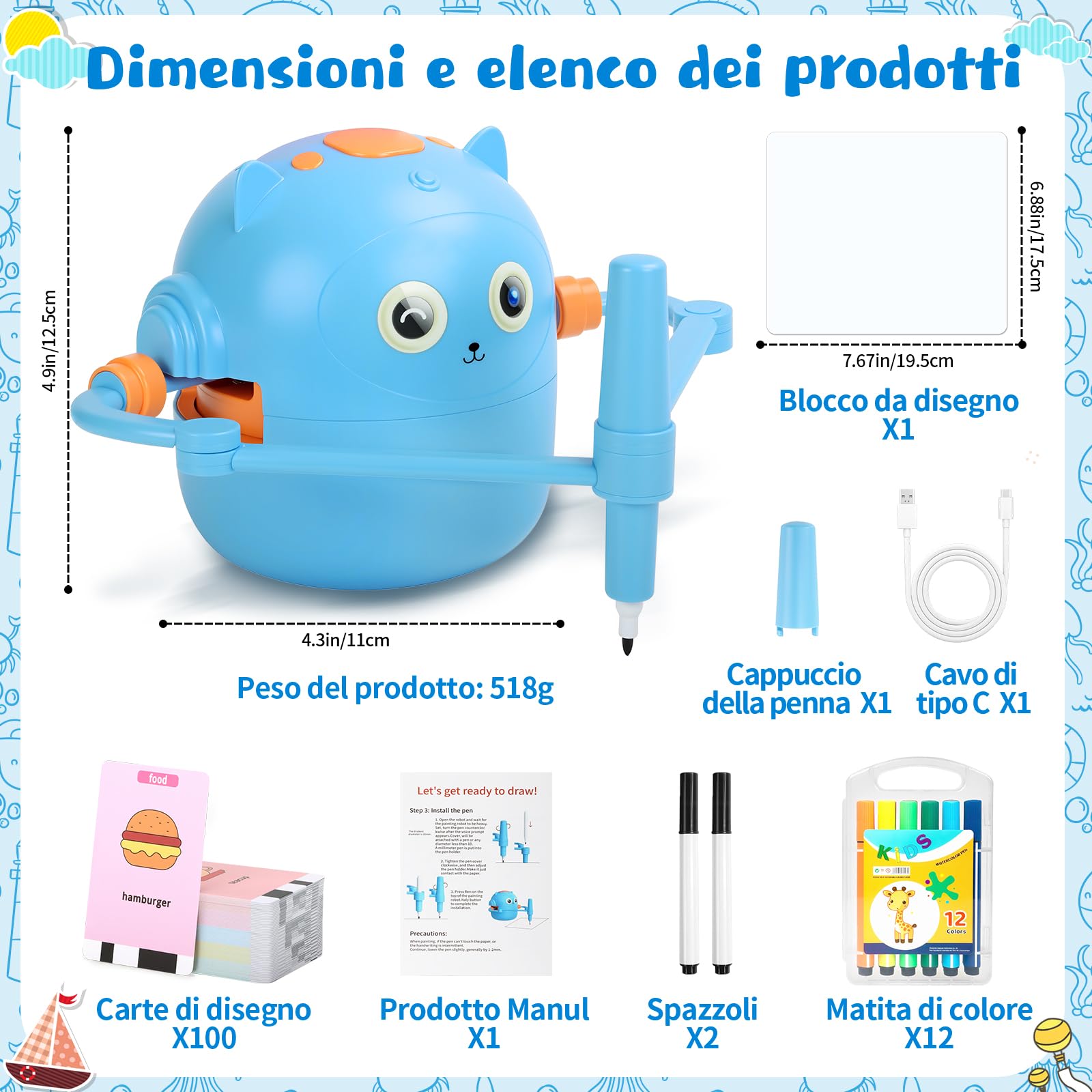 Charmofun Robot che Disegna per Bambini, Robot Disegno Bambini con 100 Cartoline, Robottino Giocattolo per Apprendimento Precoce, Robots Interattivo Vocale per Bambino Bambina dai 3 Anni in su (Blu)