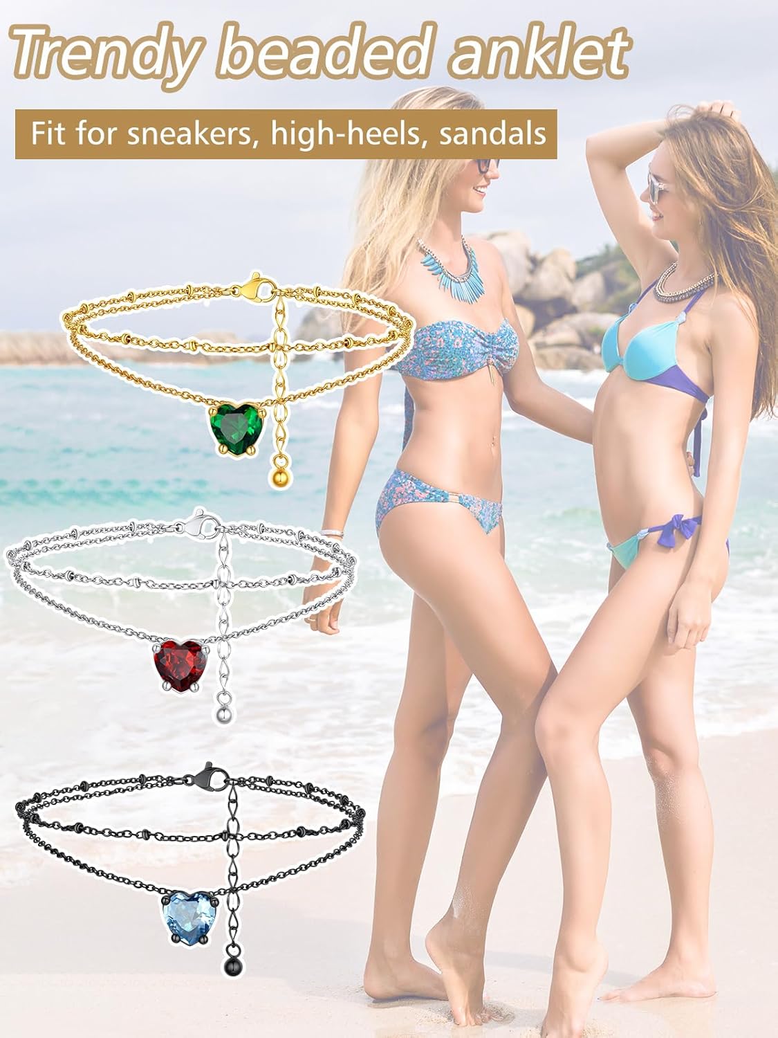 FindChic Bling Heart Birthstone Anklets Layered Beaded Ankle Bracelets for Women Gold/Black/Silver 12 Month Gem Colors Foot Chain Summer Jewelry for Girls, with Gift Box - Image 8