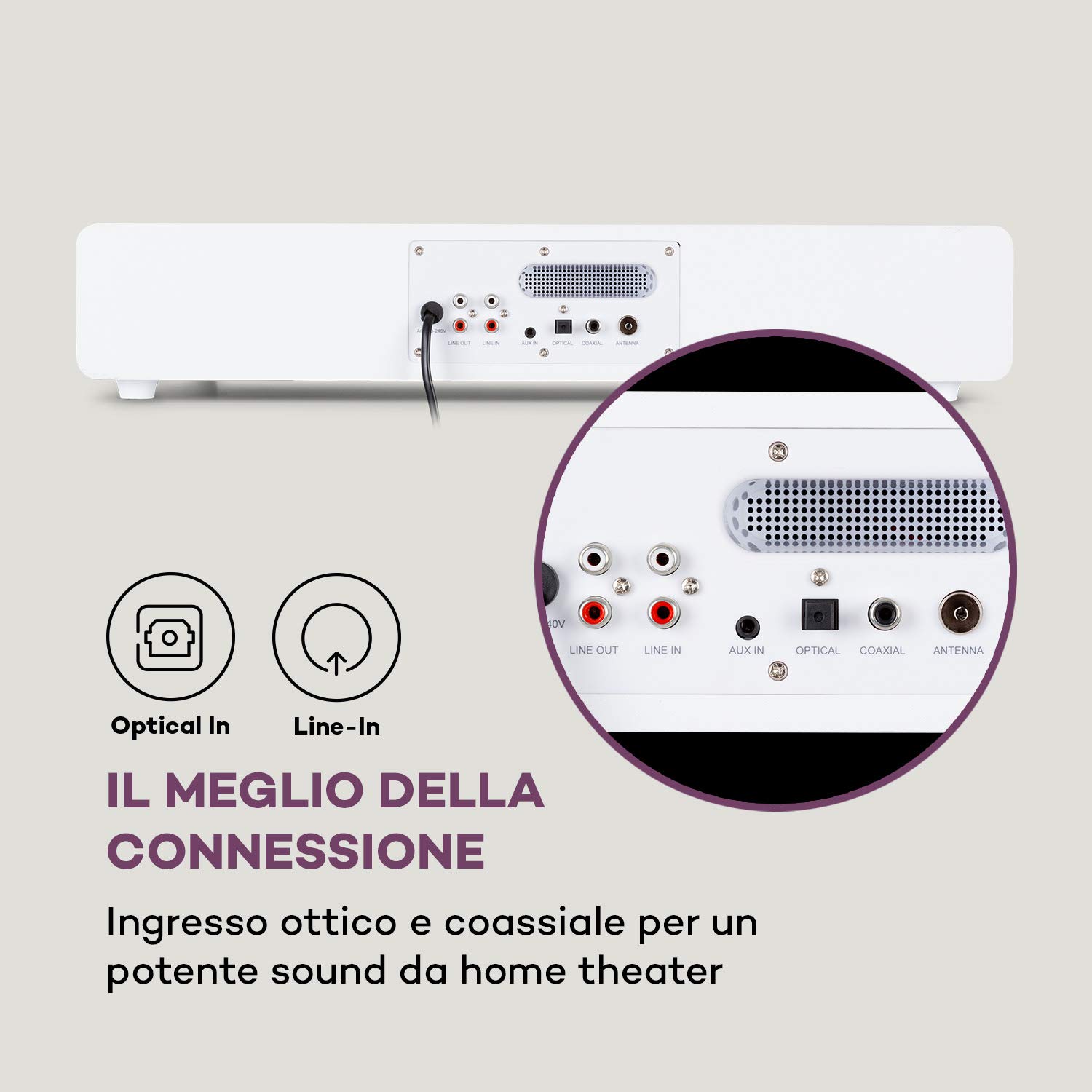 AUNA Stealth Base - Connect Soundbase, 2x15 W + 30 W RMS, Radio Web/DAB+/FM, Bluetooth, AirMusic Control App, Display LC da 2,8", Porta USB, Ingresso Line, Bianco