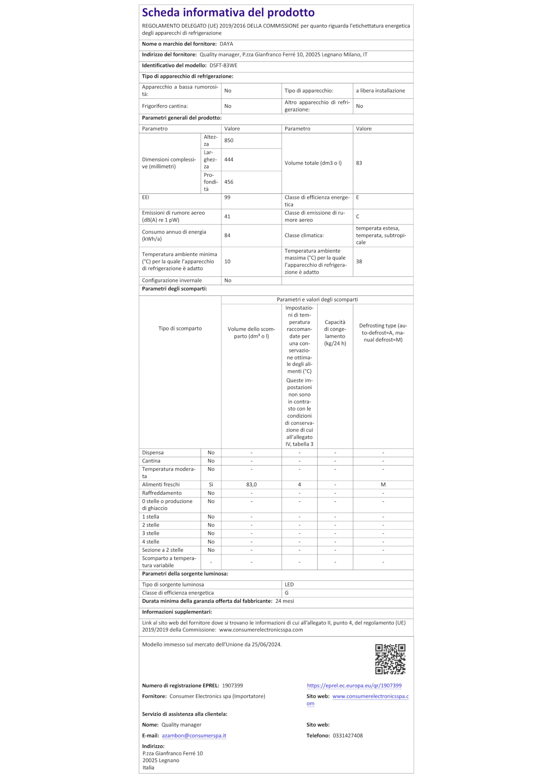 Daya Frigo Tavolo DSFT-83WE, 83 Litri, Classe E, Vano Zero Gradi, Silenzioso, Porta Reversibile, Basso Consumo
