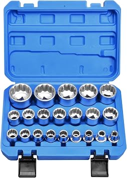 21Pcs Spline Socket Set, 1/2" Drive Metric 8-36mm, 12 Point Cr-V Multi-Tooth Socket Kit
