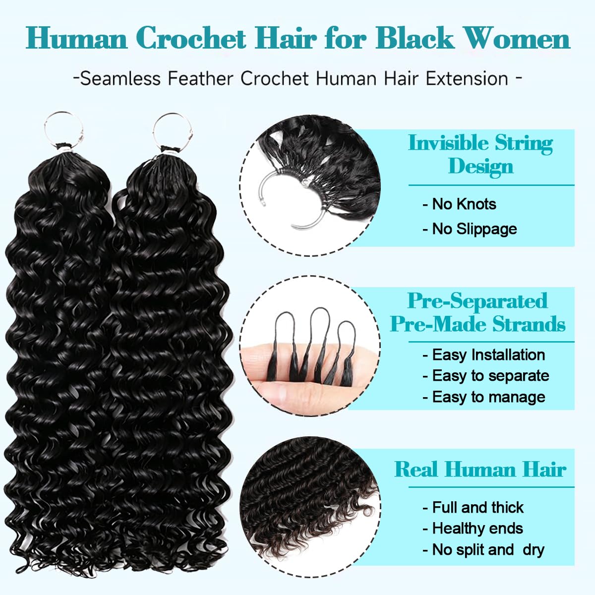Extensions de cheveux humains au crochet à plumes, 100 % cheveux humains 180 g, 144 mèches, pré-séparés, cheveux au crochet pour femmes noires, bouclés, invisibles, 45,7 cm