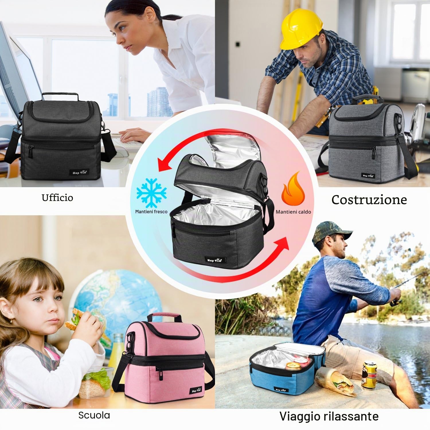 Hap Tim Borsa Termica Borsa Pranzo con Tracolla Grande Capacità Borsa Termica pasto per la a scuola - Grigio (UK-LB-16040-G)