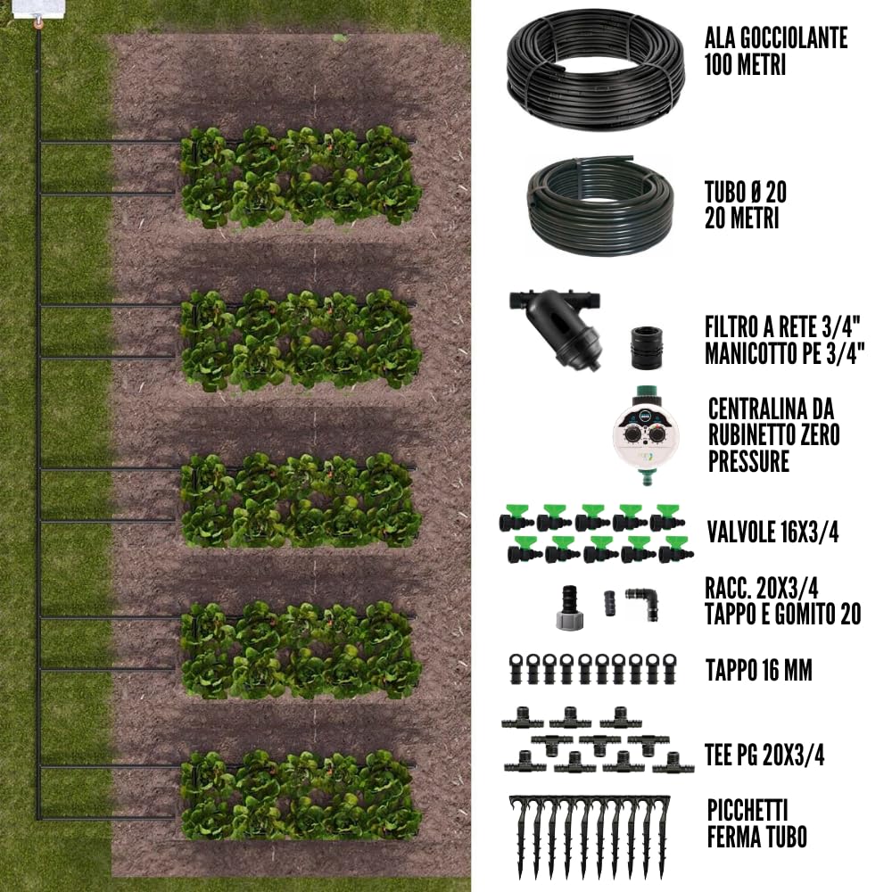 Kit Irrigazione Orto + Centralina | Kit Ala Gocciolante Orto Giardino 100 Mq Passo 20 cm Completo di Filtro