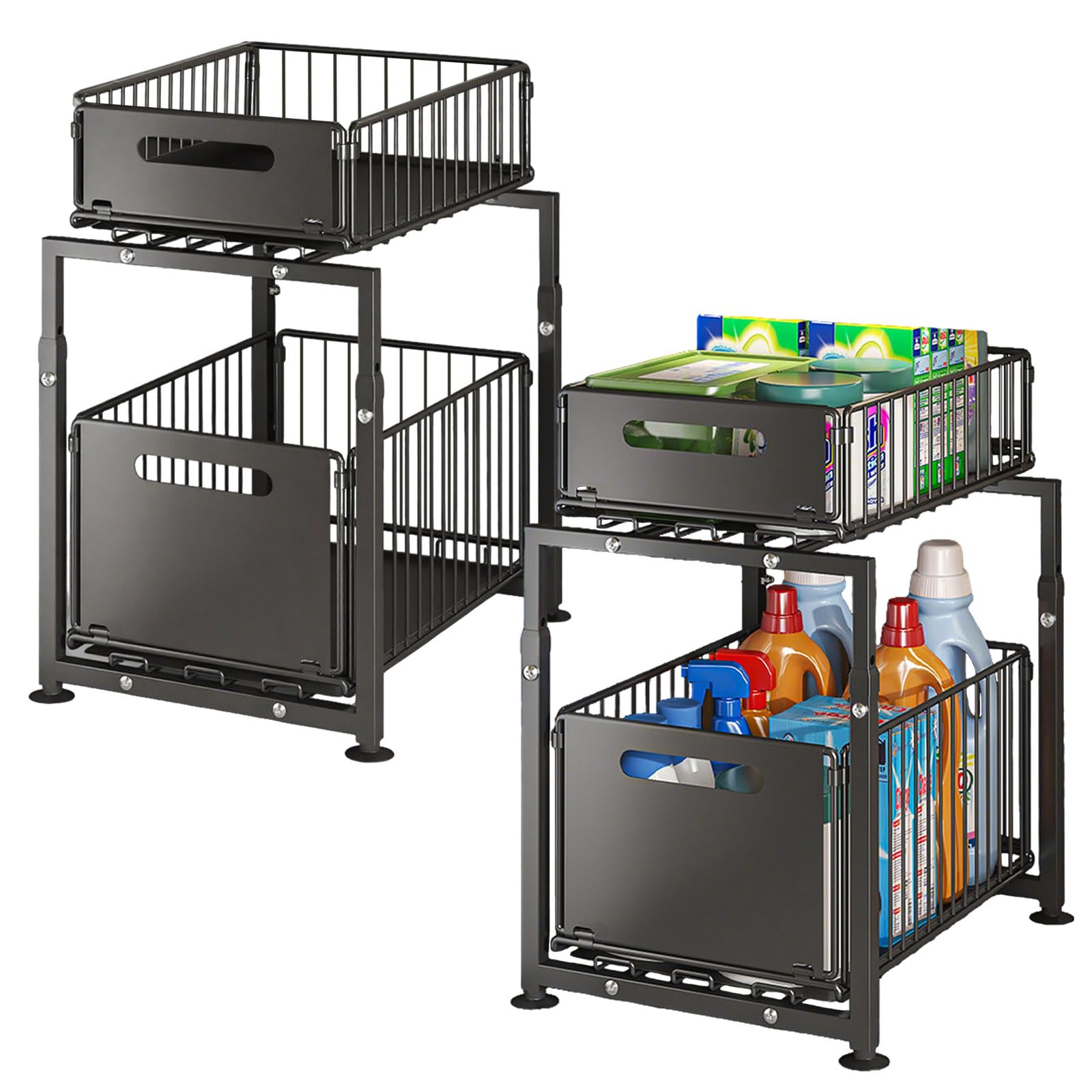 Set di 2 Organizer Sottolavello con Cassetti Estraibili – Scaffale da Cucina Regolabile in Altezza in Acciaio al Carbonio, Stabile e Antiscivolo, Portaoggetti per Cucina, Bagno e Dispensa