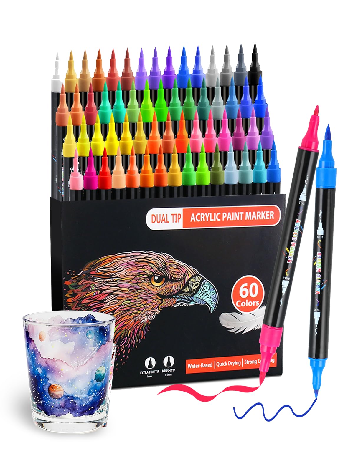 60 Farben Acrylstifte Set mit Doppelspitze Acrylmarker (Pinsel & Feine) | Vielseitig einsetzbar | Starke Deckkraft | Farbecht | Wasserfest | Acrylic Marker für Holz, Leinwand, Stein, Glas, Keramik