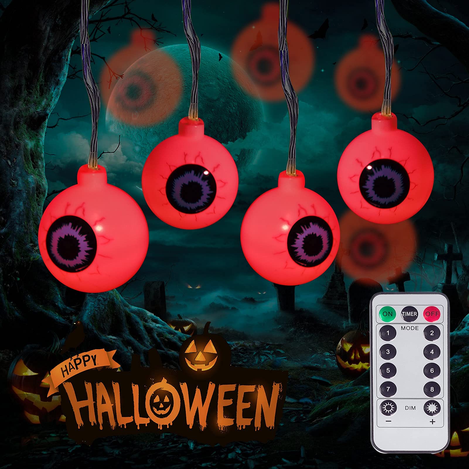 JOINTWIN 30 LED Eyeball String Lights 16 FT Halloween Decoration Light 8 Lighting Mode with Remote Control Battery Operated for Halloween Party Home Decoration (Red)