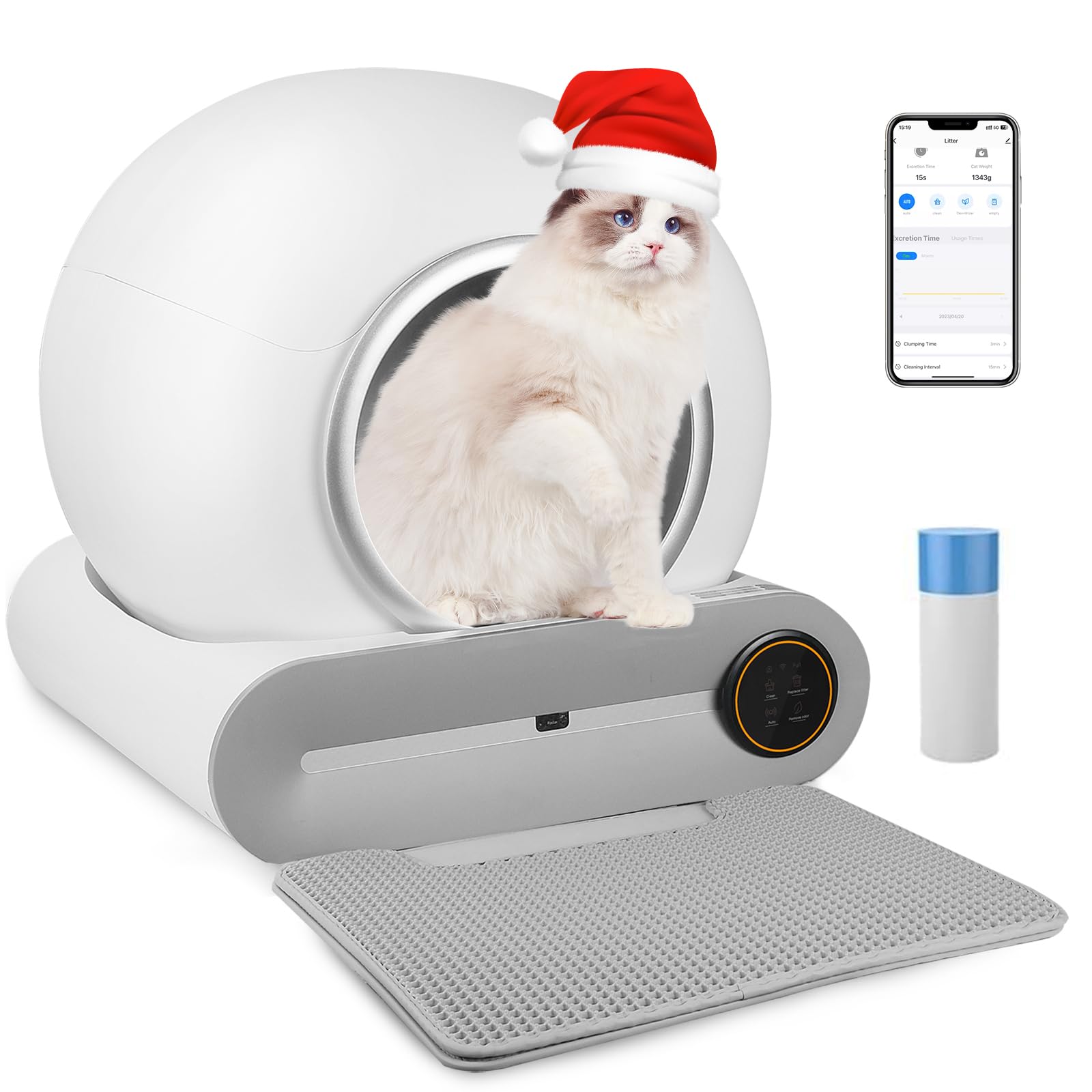 Lettiera autopulente, per gatti automatica, controllo app, design salvaspazio, deodorante ionico/monitor sanitario/65L + 9L con grande capacità con tappetino