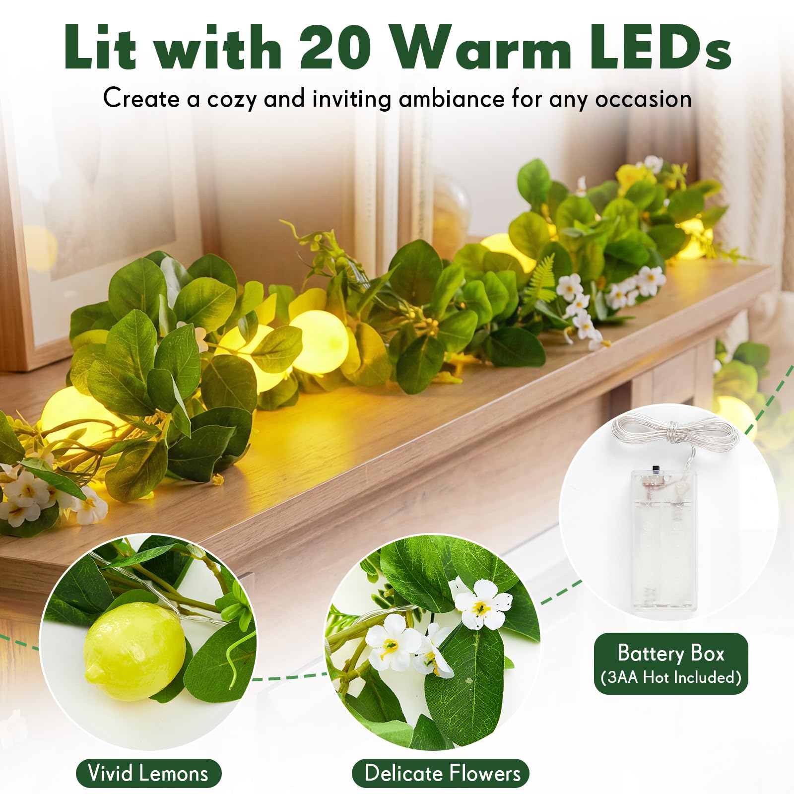 Baquler 2 Stück 3D-LED-Lichterkette, batteriebetrieben, Frühling, Sommer, künstliche Obstgirlande, Glühbirnen mit Zweigen, Blättern, Lichterketten für Hochzeit, Party, Tischdekoration, Zitronenblüte