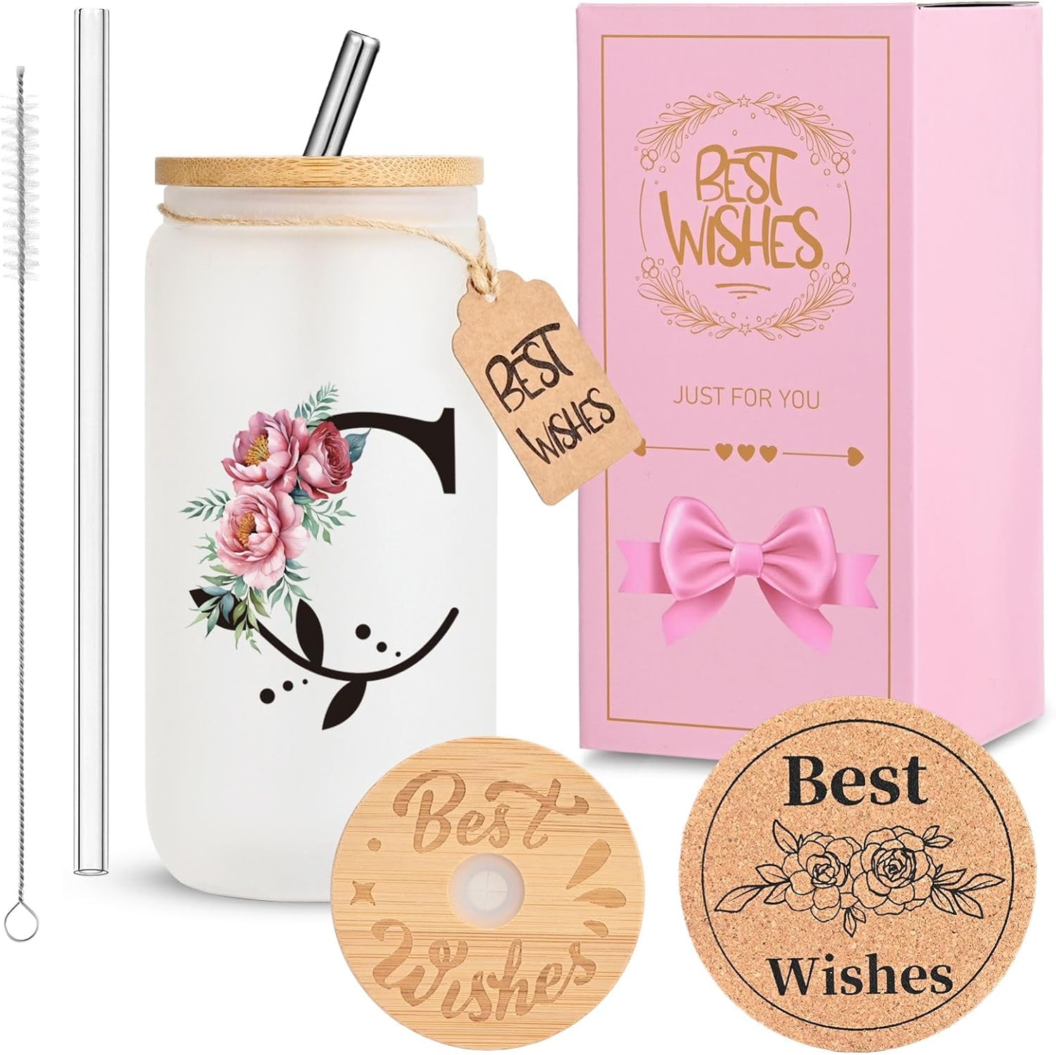 Personalized Initial Glass Cup for Women, HWJH 16oz Glass Cup with Lids and Straws, Monogrammed Gift Set, Frosted Reusable Tumbler with Gift Box & Cork Coaster for Iced Coffee, Valentine, Birthday (C)