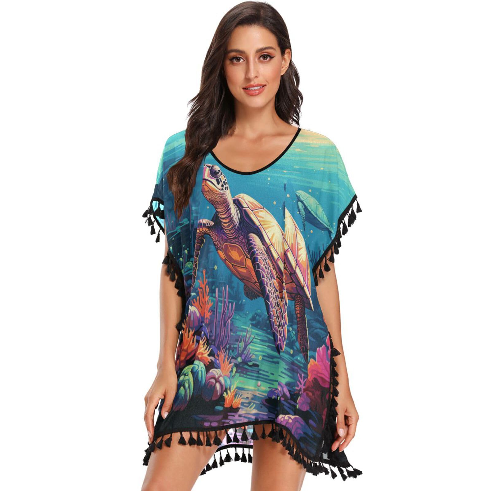 Colorful Sea Turtles Blue Art Women's Beach Cover Up Chiffon Tassel Swimwear Swimsuit Coverups for Girl