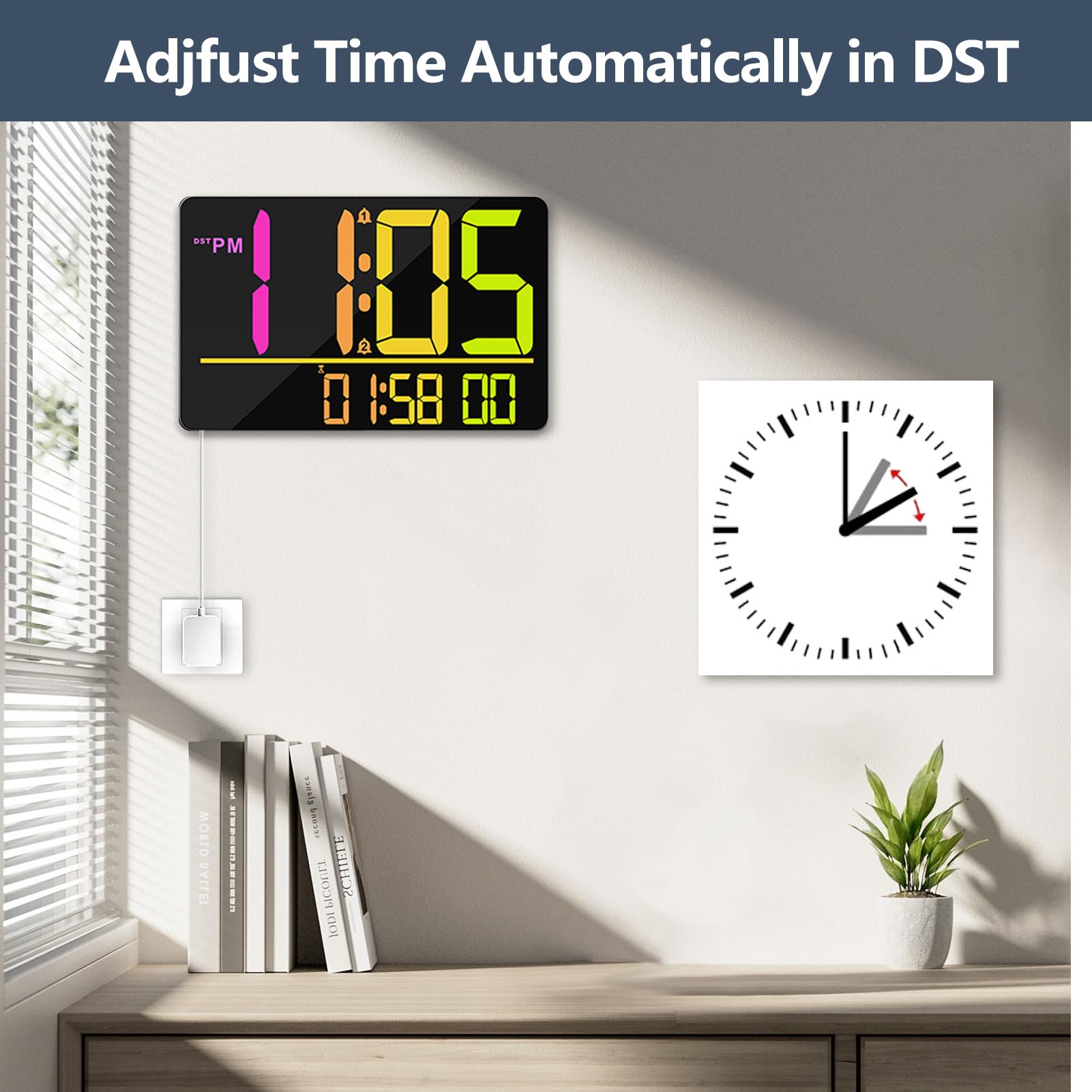 PERSUPER Reloj de pared digital grande de 13 pulgadas con control remoto, cambio de color RGB, 25 tonos de llamada, 0-100% brillo automático/personalizado, temperatura, calendario, 12/24 horas, DST,