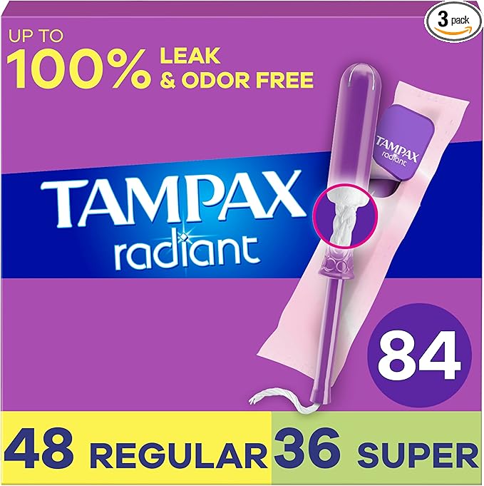 Tampax Radiant Tampons for Women Multipack, with LeakGuard Braid, Regular/Super Absorbency, Unscented, 84 Count (3 Packs of 28)