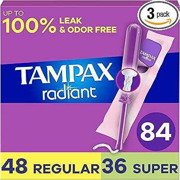 Tampax Radiant Tampons for Women Multipack, with LeakGuard Braid, Regular/Super Absorbency, Unscented, 84 Count (3 Packs of 28)