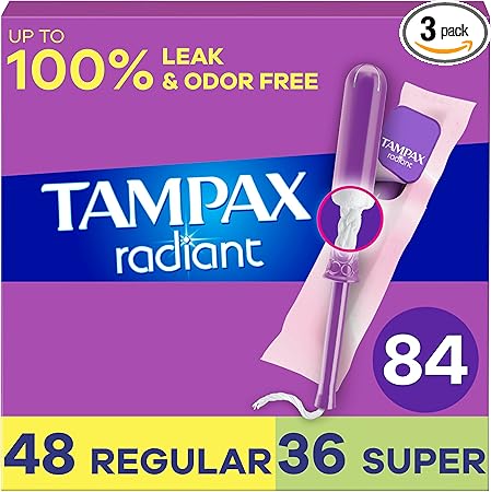 Tampax Radiant Tampons for Women Multipack, with LeakGuard Braid, Regular/Super Absorbency, Unscented, 84 Count (3 Packs of 28)
