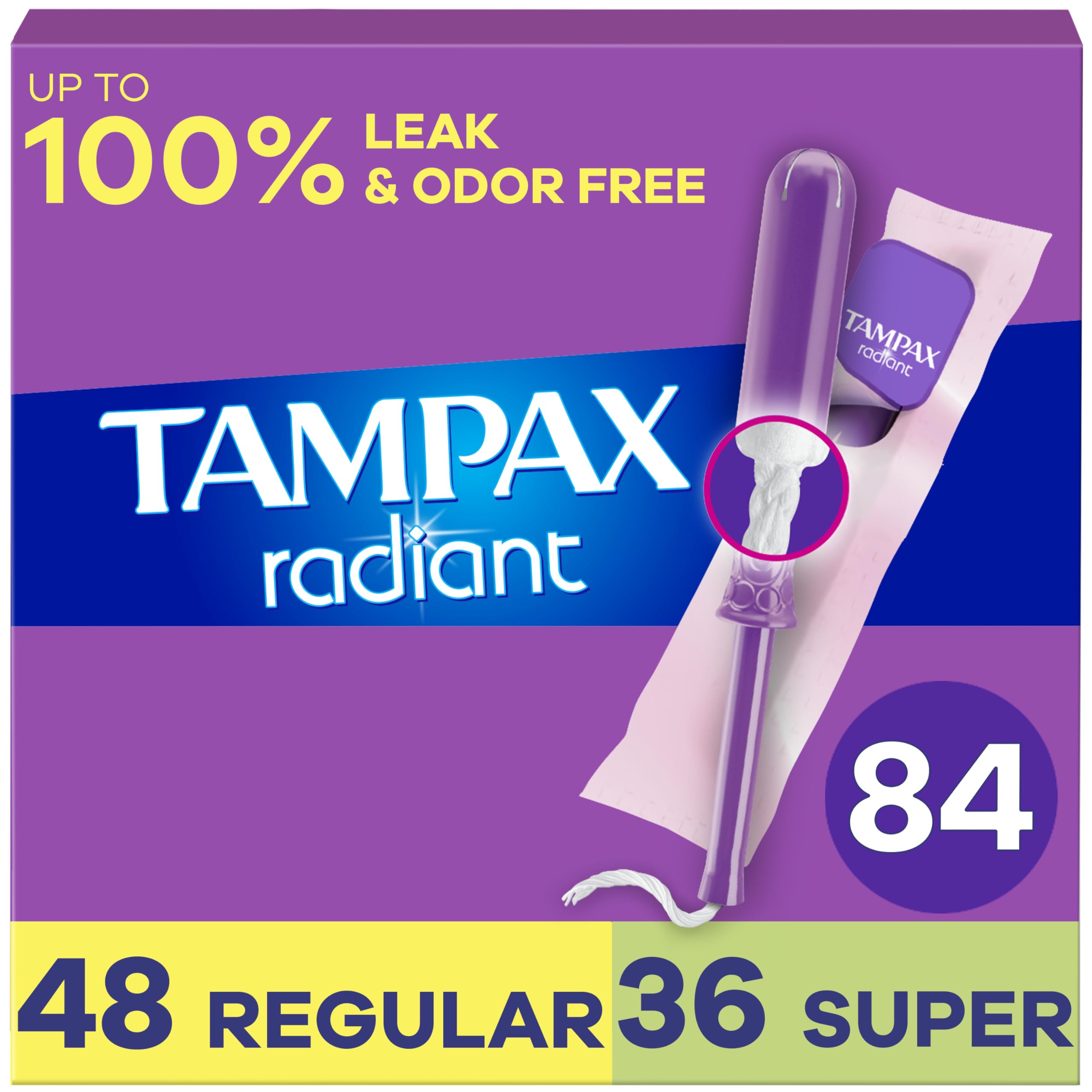 Tampax Radiant Tampons Multipack, Regular/Super Absorbency, with Leakguard Braid, Unscented, 84 Count