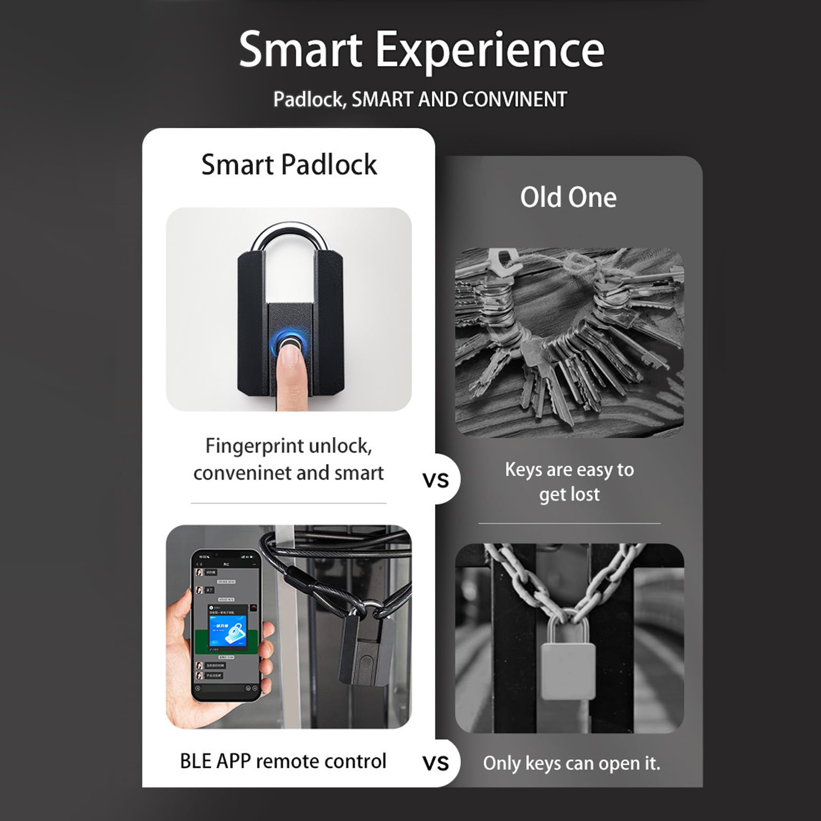 Cadenas Intelligent à Empreintes Digitales BT, Serrure Extérieure Robuste avec clé IP67 50, Stockage D'empreintes Digitales pour Clôture, Hangar, Porte de Piscine, Entrepôt